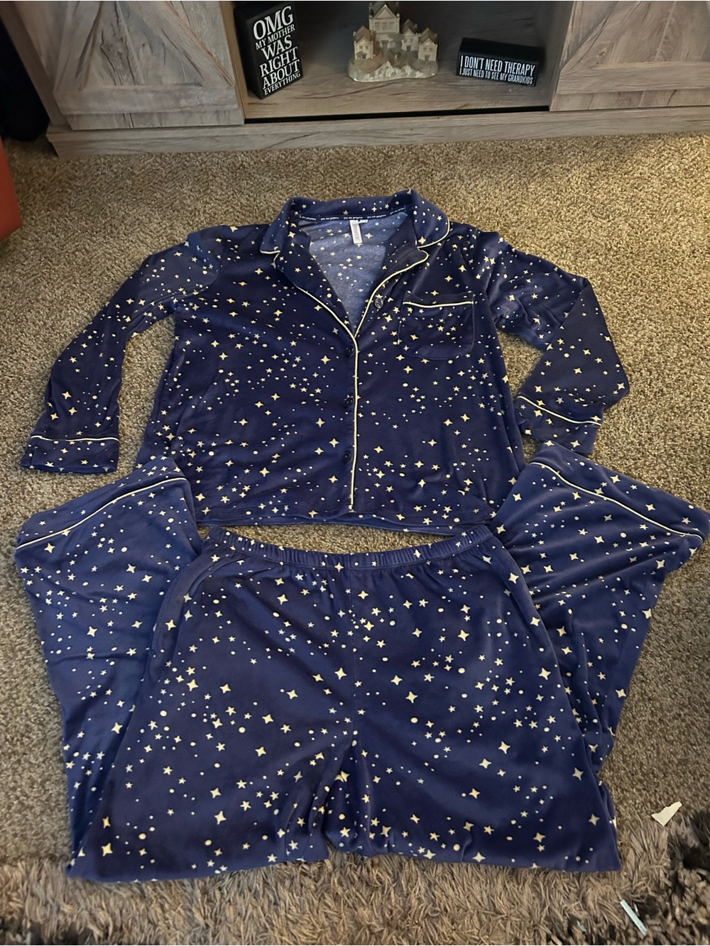 Womens Navy Star Print Pajama Set - Long Sleeve Top & Pants